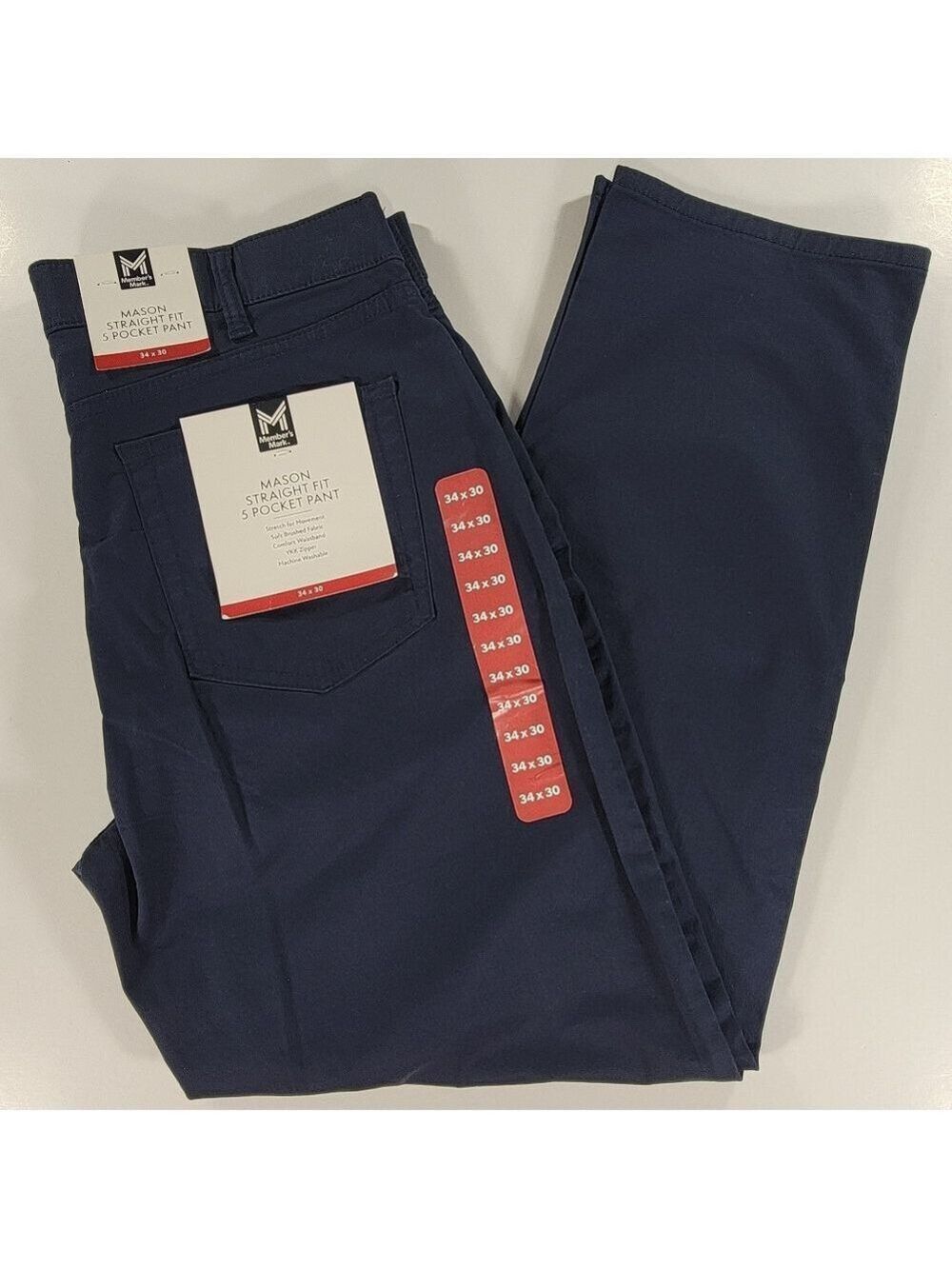 NEW Member's Mark Straight Fit Mens Mason 5 Pocket Stretch Pant 34x30 Dark Blue